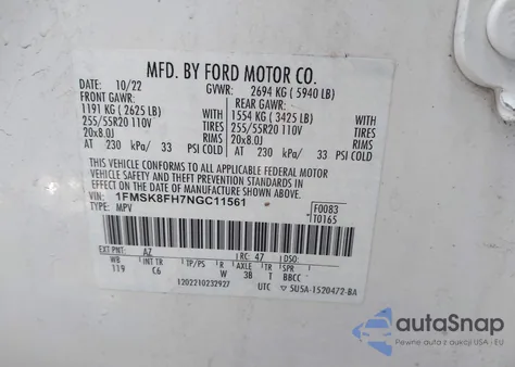 2022 Ford Explorer Limited z USA, uszkodzony, nr VIN 1FMSK8FH7NGC11561